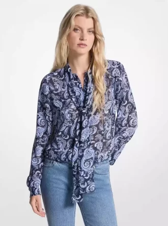 Μπλούζα με στάμπα Georgette και δέσιμο στο λαιμό με λαχούρια