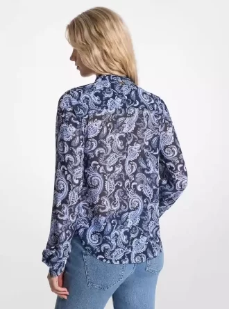 Μπλούζα με στάμπα Georgette και δέσιμο στο λαιμό με λαχούρια