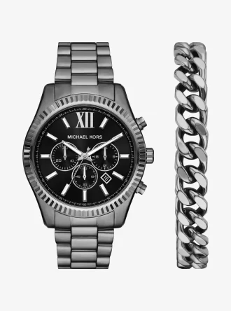 Σετ δώρου με μεγάλο ρολόι και μπρασελέ Lexington Gunmetal, από λάστιχο σε σχήμα χρυσού