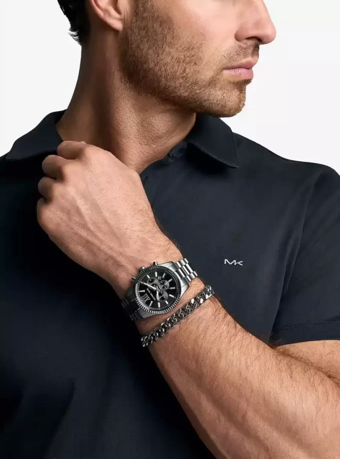 Σετ δώρου με μεγάλο ρολόι και μπρασελέ Lexington Gunmetal, από λάστιχο σε σχήμα χρυσού